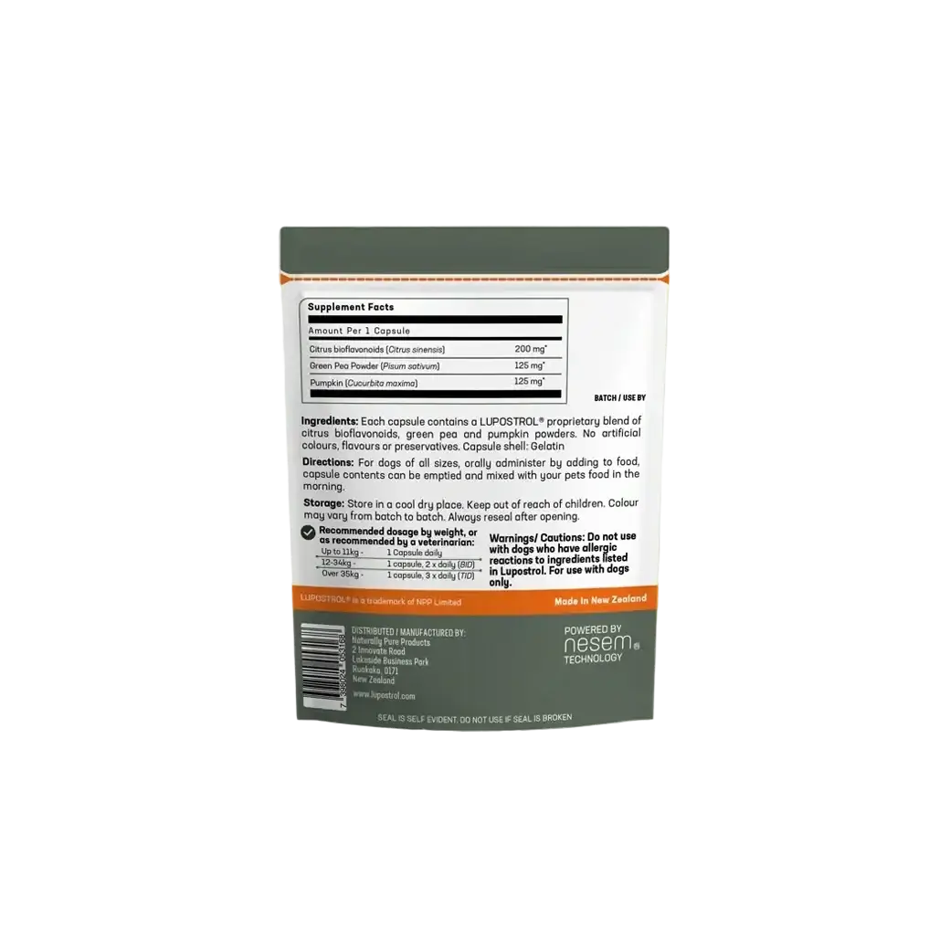 Back view of Salvacare Lupostrol® 120 Caps supplement with ingredient details.