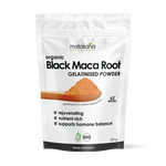 Matakana Superfoods Organic Black Maca Root Gelatinised Powder 250g packaging with product details and benefits.