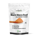 Matakana Superfoods Organic Black Maca Root Gelatinised Powder 250g packaging with product details and benefits.
