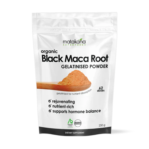 Matakana Superfoods Organic Black Maca Root Gelatinised Powder 250g packaging with product details and benefits.
