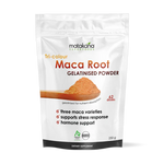 Matakana Superfoods Organic Tri Colour  Maca Root Gelatinised Powder 250g packaging with nutritional benefits listed.