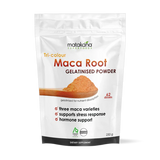 Matakana Superfoods Organic Tri Colour  Maca Root Gelatinised Powder 250g packaging with nutritional benefits listed.
