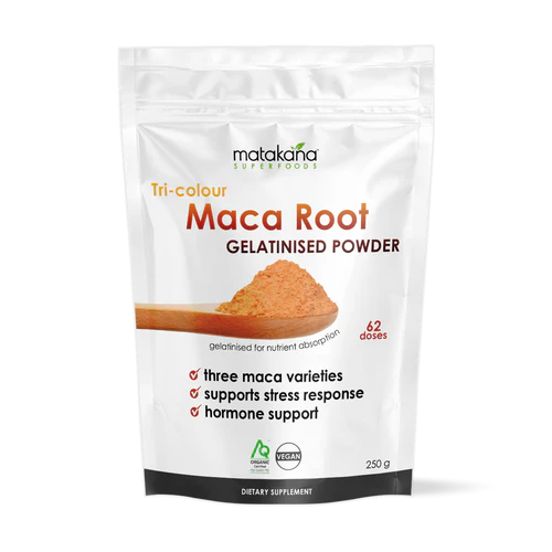 Matakana Superfoods Organic Tri Colour  Maca Root Gelatinised Powder 250g packaging with nutritional benefits listed.