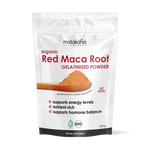 Matakana Superfoods Organic Red Maca Root Gelatinised Powder 250g packaging showcasing benefits for energy and hormone balance.