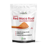 Matakana Superfoods Organic Red Maca Root Gelatinised Powder 250g packaging showcasing benefits for energy and hormone balance.