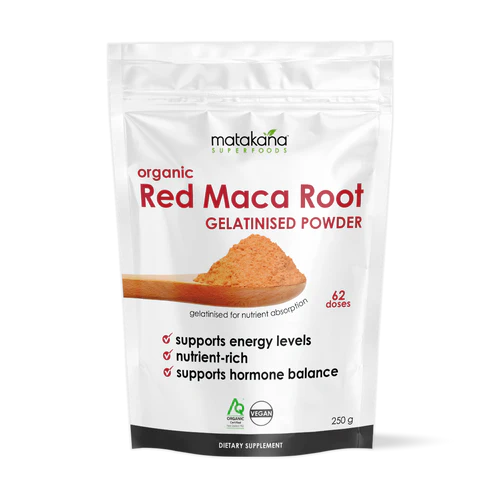 Matakana Superfoods Organic Red Maca Root Gelatinised Powder 250g packaging showcasing benefits for energy and hormone balance.
