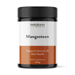 Matakana Superfoods Mangosteen Powder 100g container showcasing immune and skin health benefits.