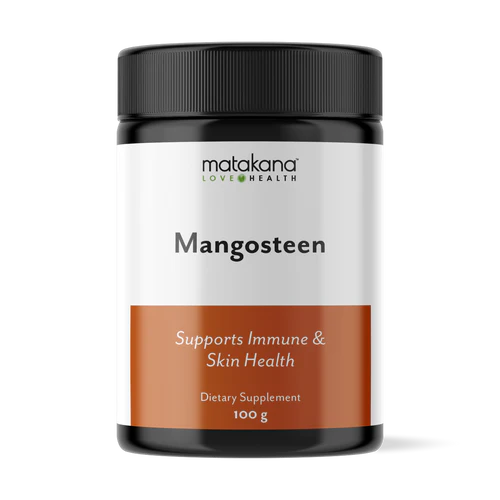 Matakana Superfoods Mangosteen Powder 100g container showcasing immune and skin health benefits.