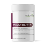 Matakana Superfoods Organic Maqui Berry Powder 150g packaging featuring key benefits and dietary information.