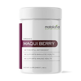 Matakana Superfoods Organic Maqui Berry Powder 150g packaging featuring key benefits and dietary information.