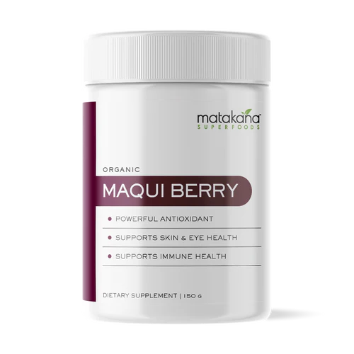 Matakana Superfoods Organic Maqui Berry Powder 150g packaging featuring key benefits and dietary information.