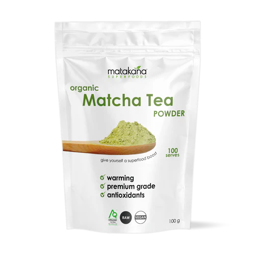 Matakana Superfoods Organic Matcha Powder 100g packaging, featuring premium grade matcha tea powder.