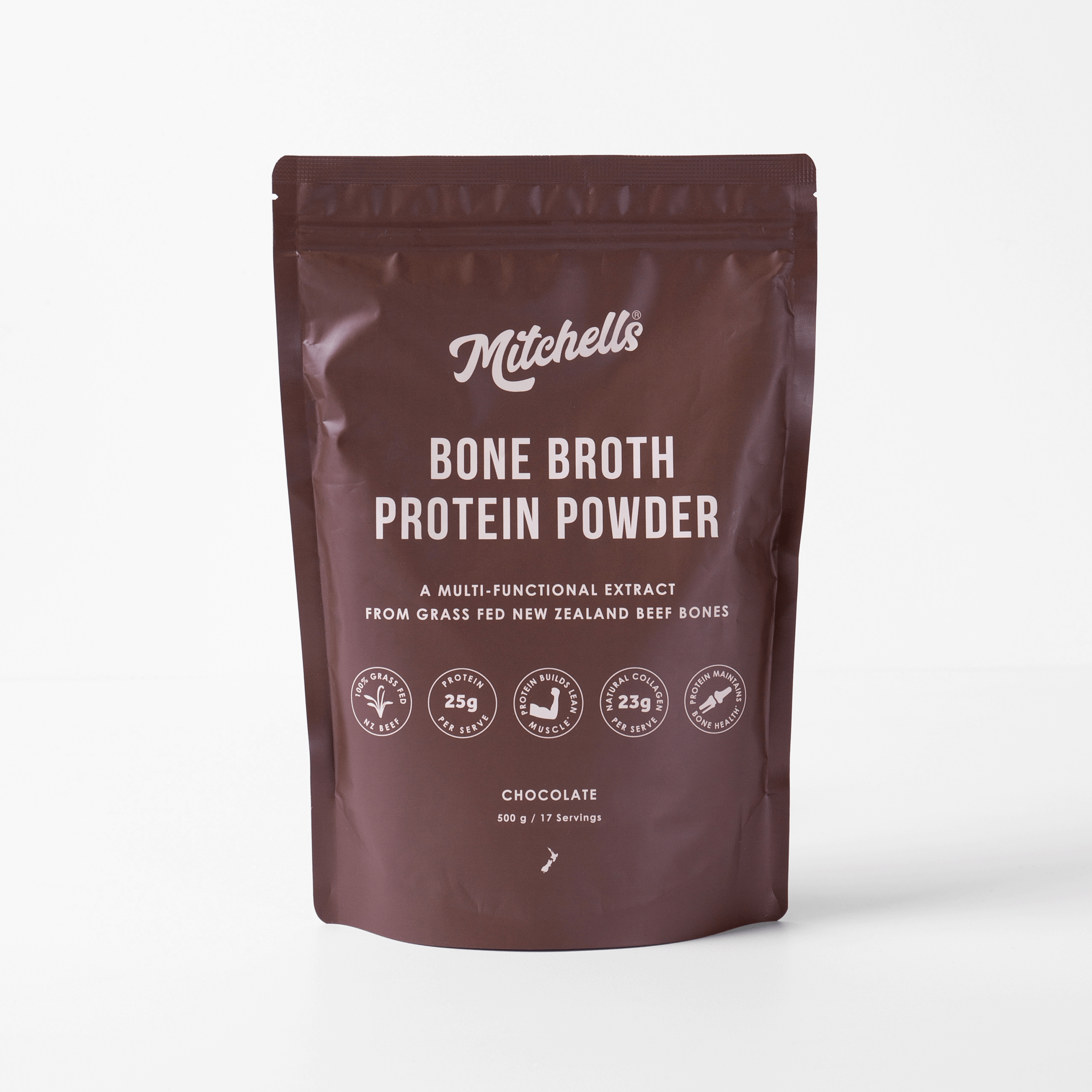 Mitchells Nutrition Bone Broth Protein Powder Chocolate 500g packaging – Windback NZ.