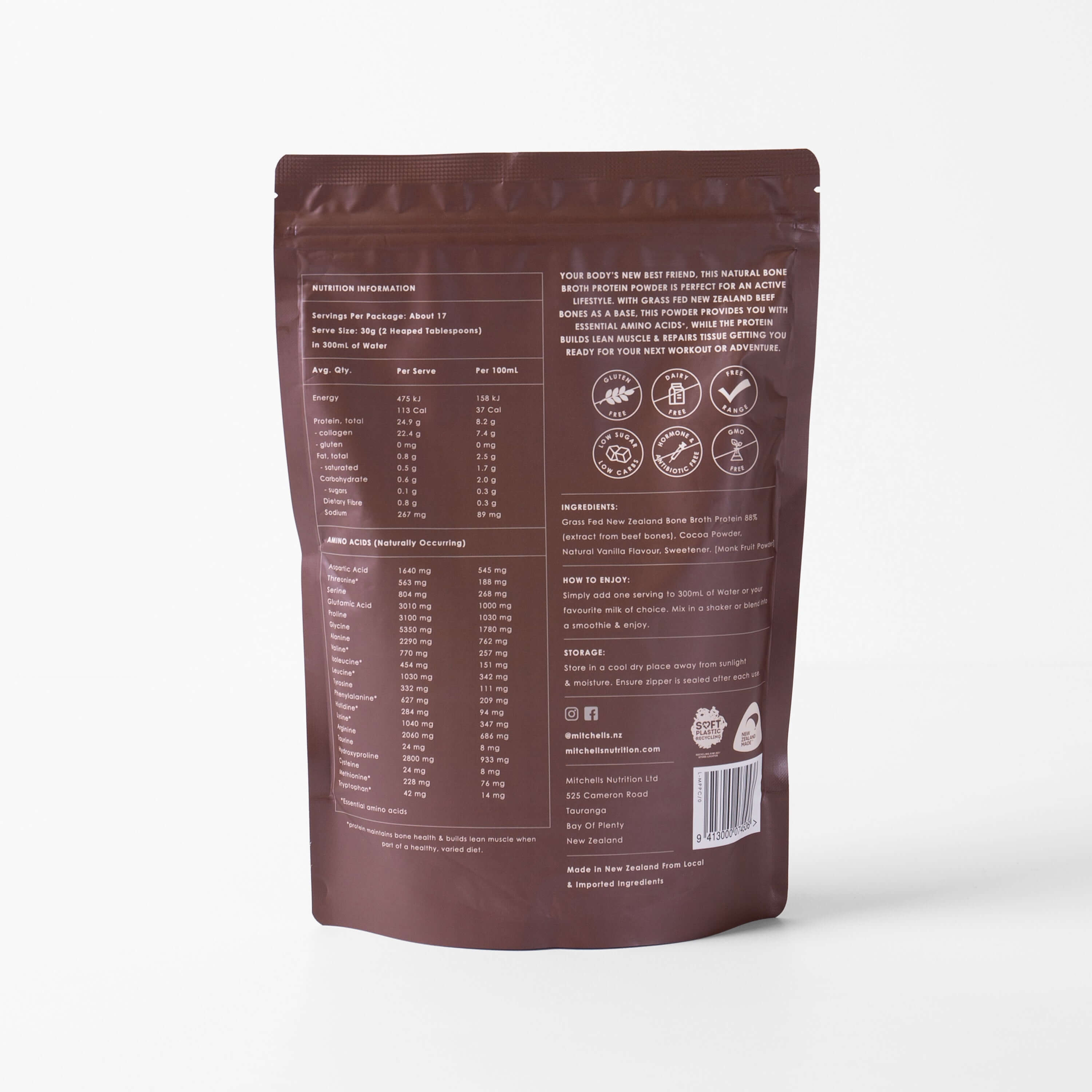 Mitchells Nutrition Bone Broth Protein Powder Chocolate 500g packaging – Windback NZ.
