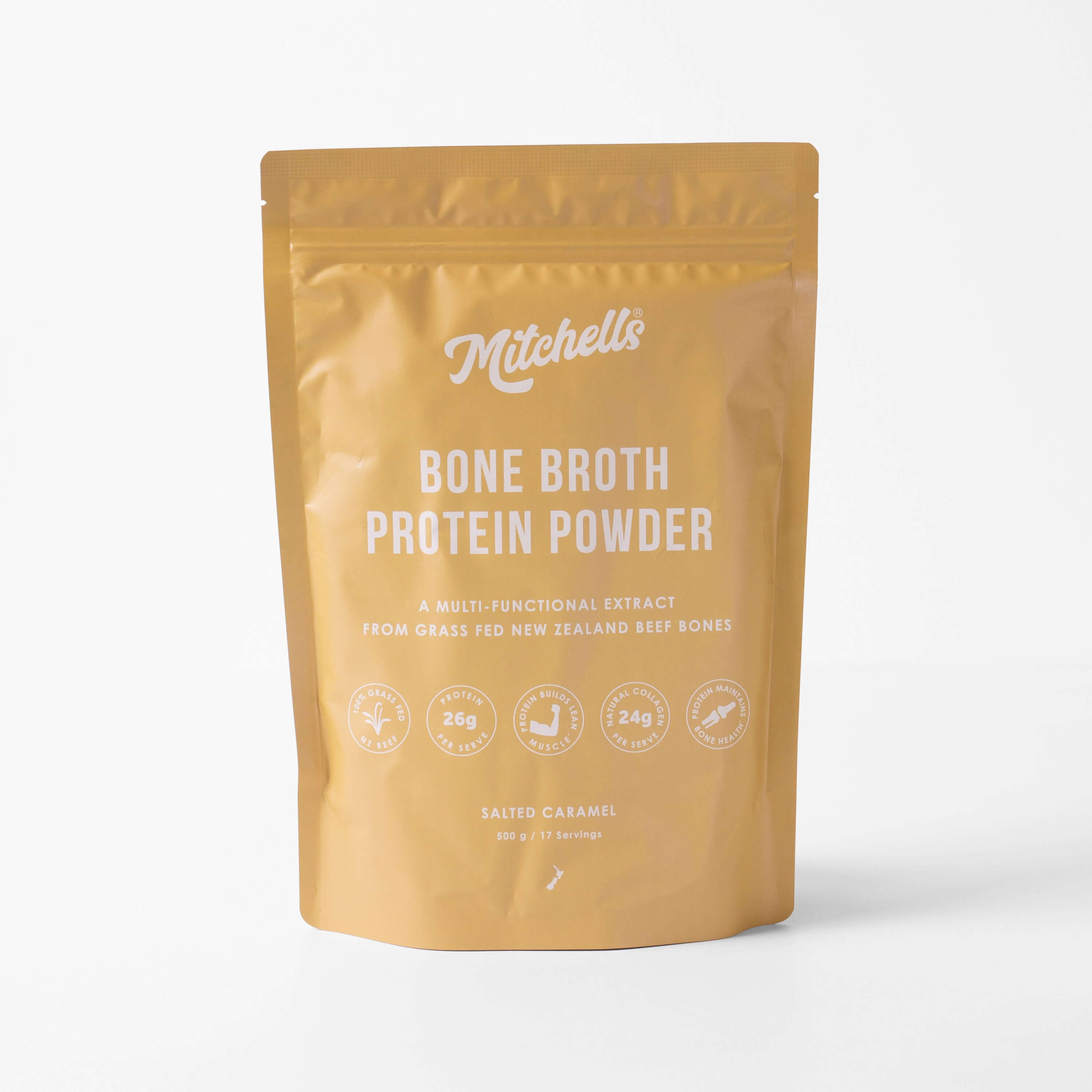itchells Nutrition Bone Broth Protein Powder Salted Caramel 500g packaging – Windback NZ.
