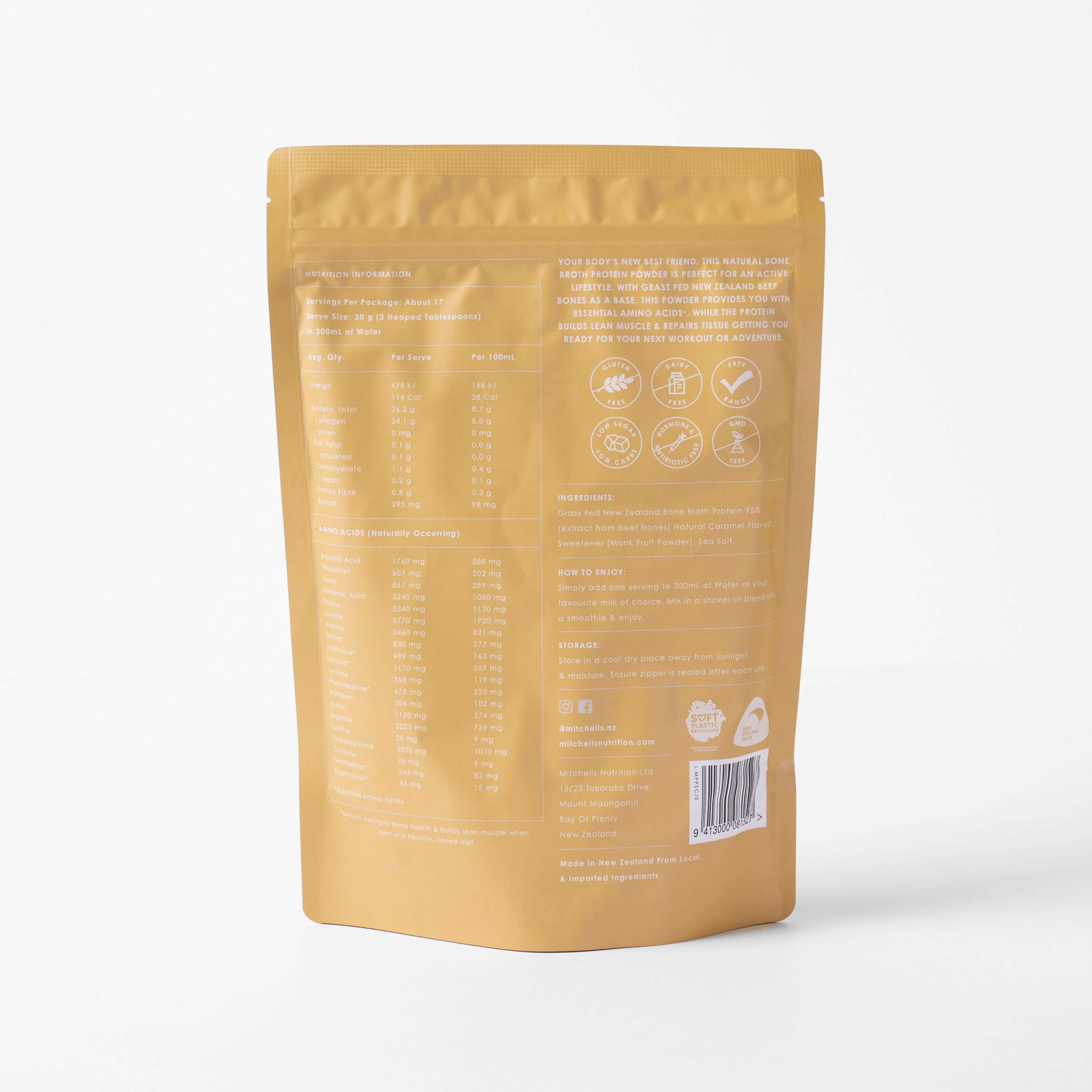 itchells Nutrition Bone Broth Protein Powder Salted Caramel 500g packaging – Windback NZ.