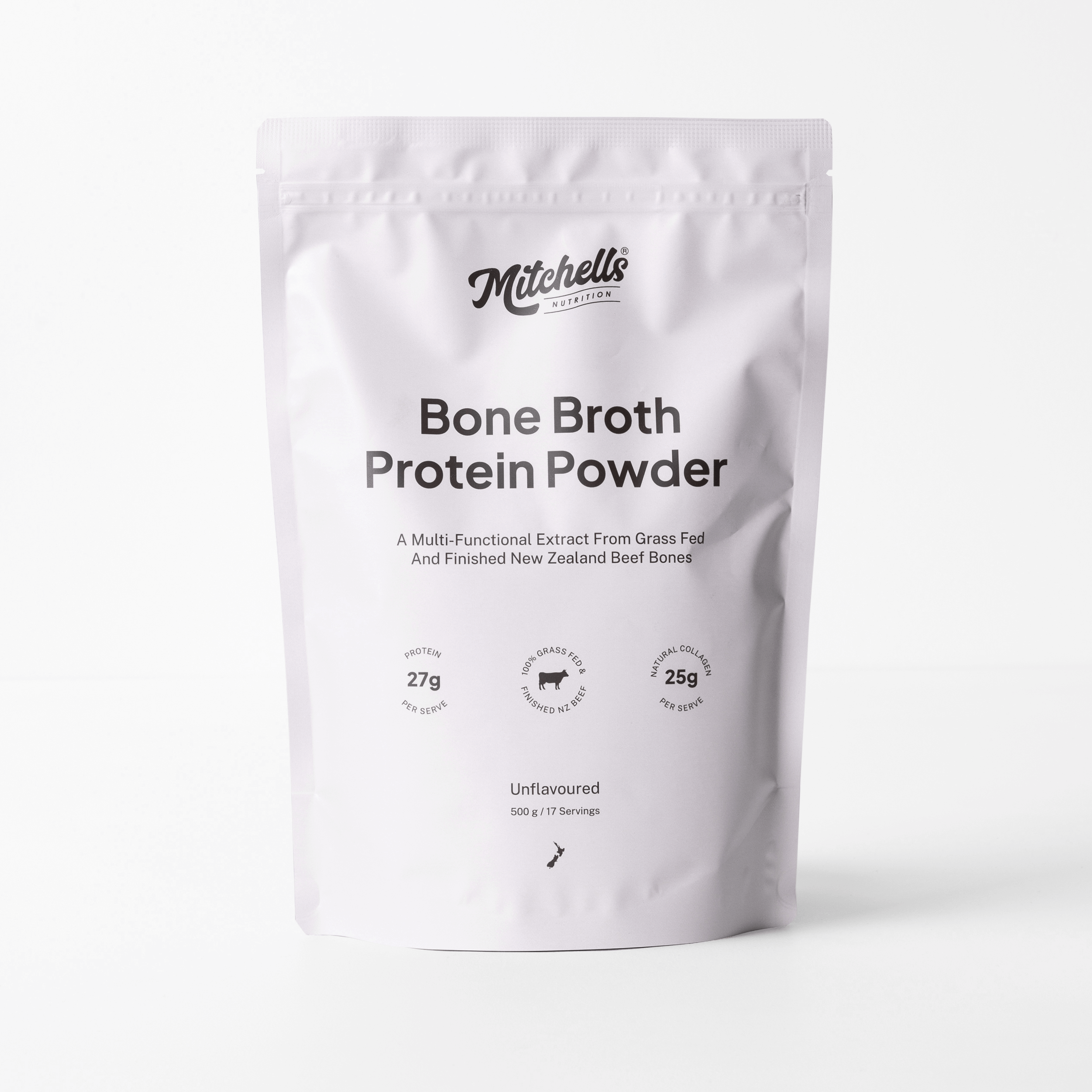 Mitchells Bone Broth Protein Powder Unflavoured 500g packaging – Windback NZ.