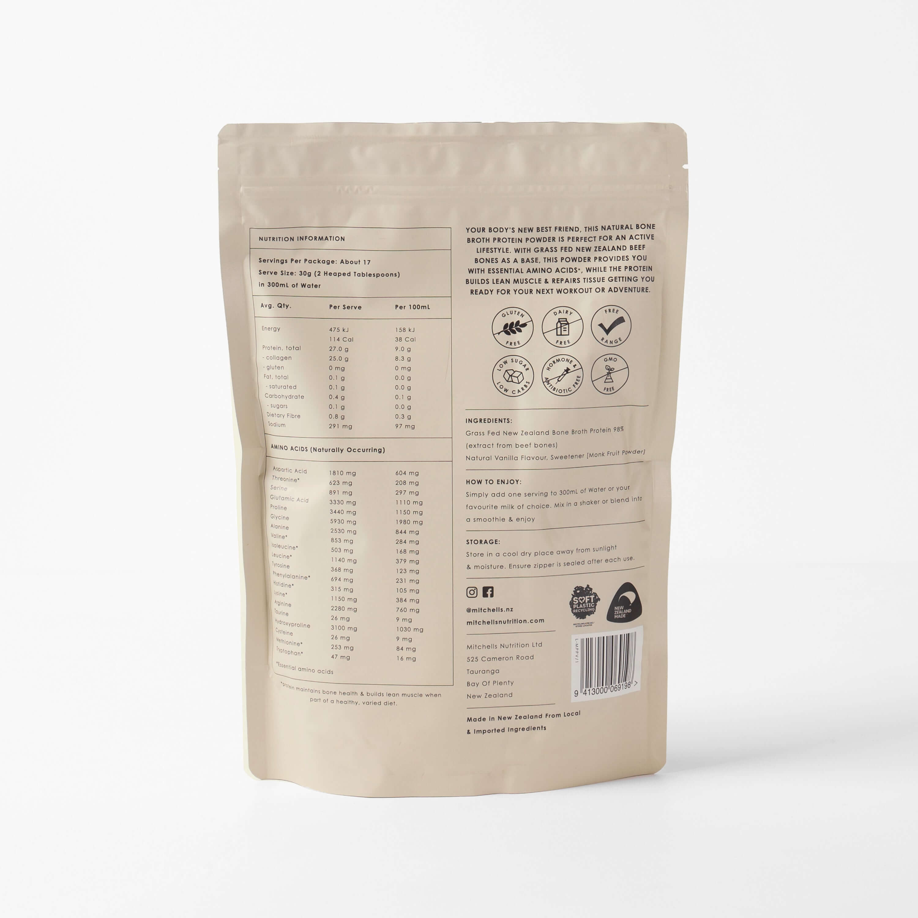 Mitchells Nutrition Bone Broth Protein Powder Vanilla 500g packaging – Windback NZ.