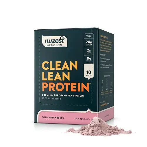 Nuzest Clean Lean Protein 10 Sachet Box Wild Strawberry packaging - Windback NZ
