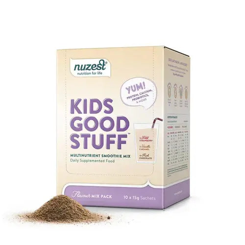 Nuzest Kids Good Stuff 10 Sachet Box Mixed Flavours packaging - Windback NZ