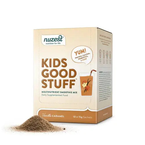 Nuzest Kids Good Stuff 10 Sachet Box Vanilla Caramel packaging - Windback NZ