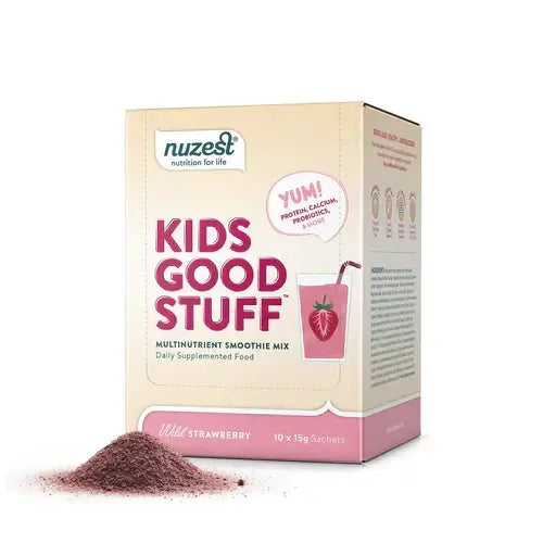 Nuzest Kids Good Stuff 10 Sachet Box Wild Strawberry packaging - Windback NZ