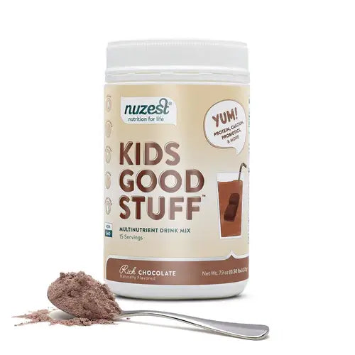 Nuzest Kids Good Stuff 225g Rich Chocolate packaging - Windback NZ
