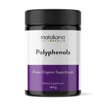 Matakana Superfoods Polyphenols 120g dietary supplement from organic superfoods in a sleek container.