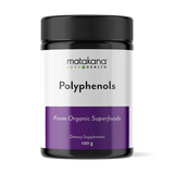 Matakana Superfoods Polyphenols 120g dietary supplement from organic superfoods in a sleek container.