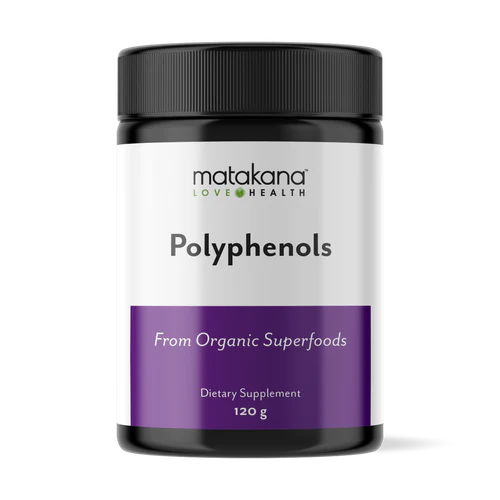 Matakana Superfoods Polyphenols 120g dietary supplement from organic superfoods in a sleek container.