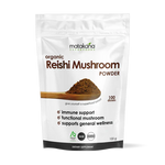 Matakana Superfoods Organic Reishi Mushroom Powder 100g product packaging showcasing mushroom powder benefits and uses.