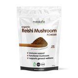 Matakana Superfoods Organic Reishi Mushroom Powder 100g product packaging showcasing mushroom powder benefits and uses.