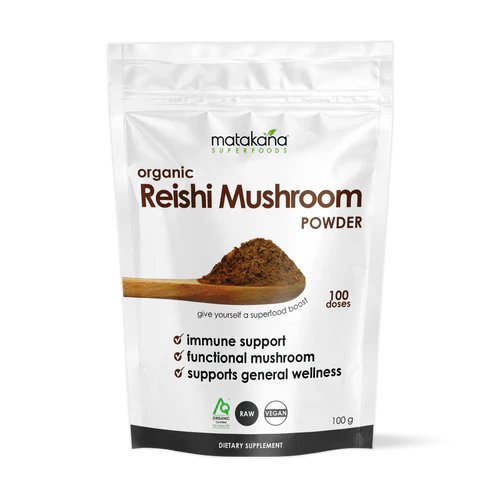 Matakana Superfoods Organic Reishi Mushroom Powder 100g product packaging showcasing mushroom powder benefits and uses.