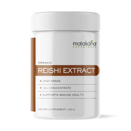 Matakana Superfoods Organic Reishi Mushroom Extract 120g in a white container with brown accents.