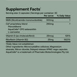 Supplement facts for SRW Laboratories Cel² Cellular Energy 60 Caps including NMN, vitamins, and proprietary blend.