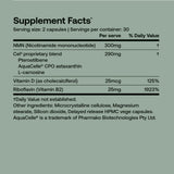Supplement facts for SRW Laboratories Cel² Cellular Energy 60 Caps including NMN, vitamins, and proprietary blend.
