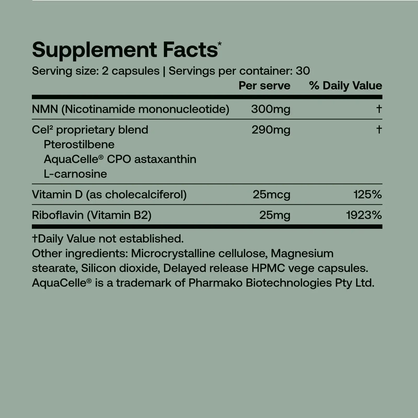 Supplement facts for SRW Laboratories Cel² Cellular Energy 60 Caps including NMN, vitamins, and proprietary blend.
