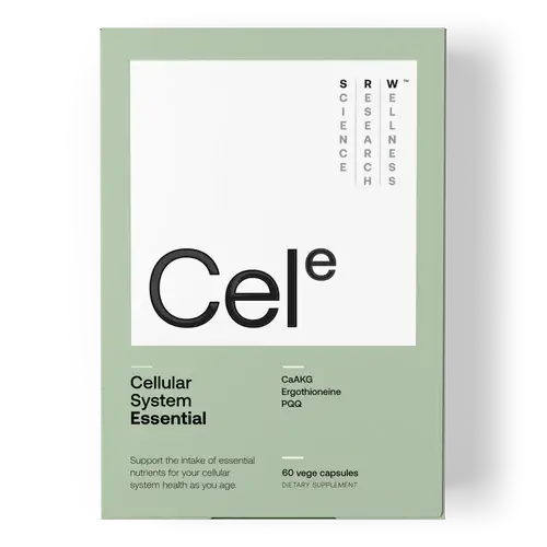 A rectangular supplement box for 'Cel e Cellular System Essential' by 'SRW Research & Wellness Science', featuring a sage green and white color scheme with black text, shown on a clean white background with a soft shadow.