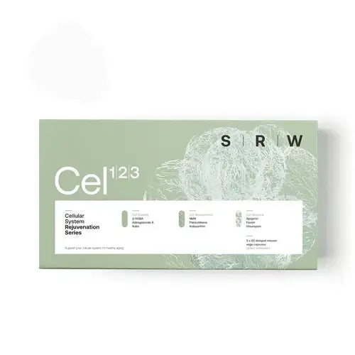 SRW Cell 1, 2, 3 Cellular System Rejuvenation Series kit in a rectangular sage green box with white text and a faint cellular graphic on a white background.