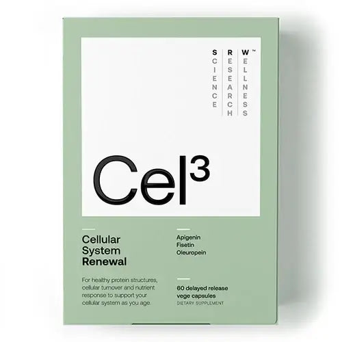 A rectangular supplement box for 'Cel3 Cellular System Renewal' by SRW Research Science, featuring a sage green border and a white center panel with black text.