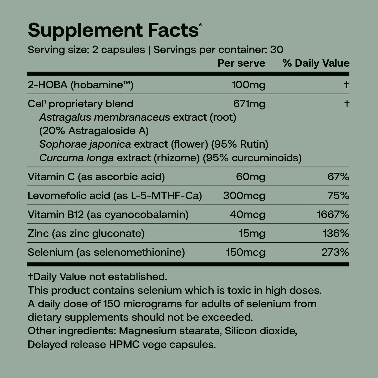 A supplement facts label with a dark green background and black text, listing ingredients and daily value percentages for a capsule product.