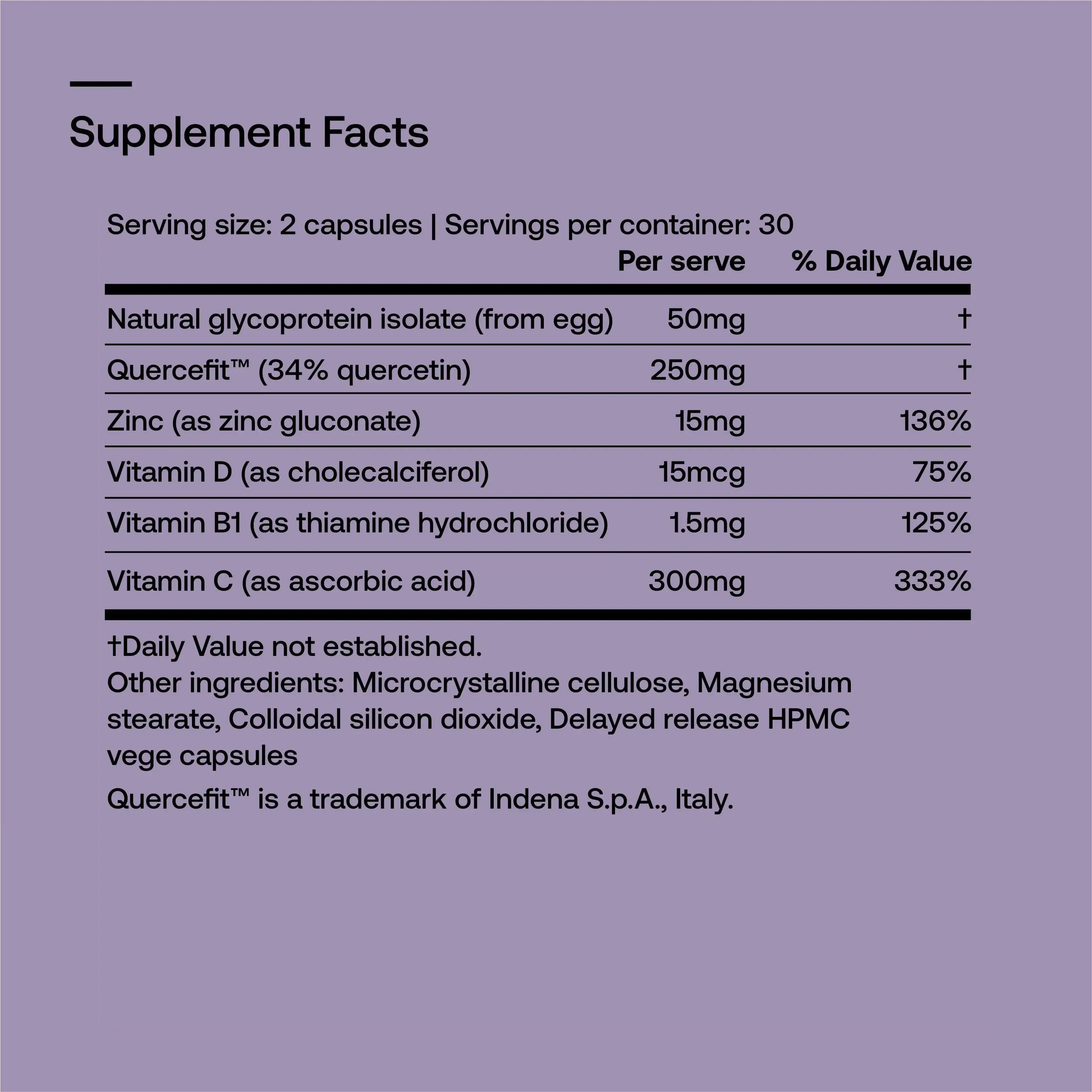 Supplement facts for SRW Laboratories Imm¹ Defence Immune Support 60 Caps, featuring key ingredients and daily values.