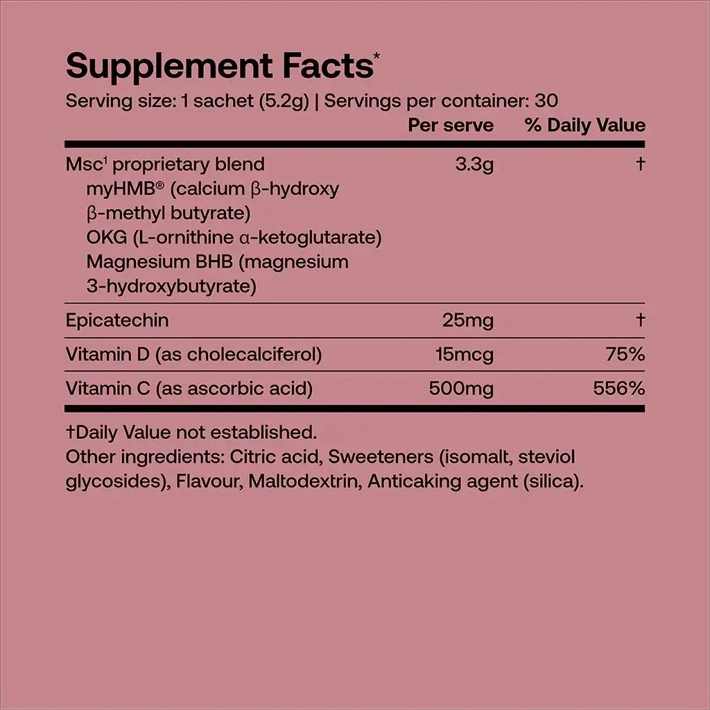 Supplement facts for SRW Laboratories Msc¹ Tone Body Composition 30 Sachets, including ingredients and nutritional information.