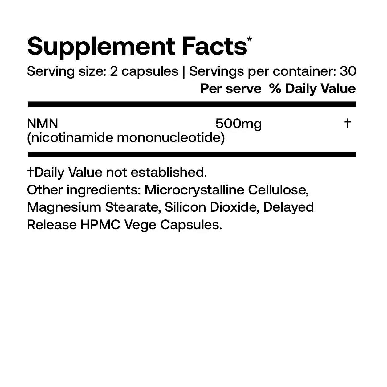Supplement Facts for SRW Laboratories NMN Cellular Energy 60 Caps, showing 500mg NMN per serving.