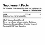 Supplement Facts for SRW Laboratories NMN Cellular Energy 60 Caps, showing 500mg NMN per serving.