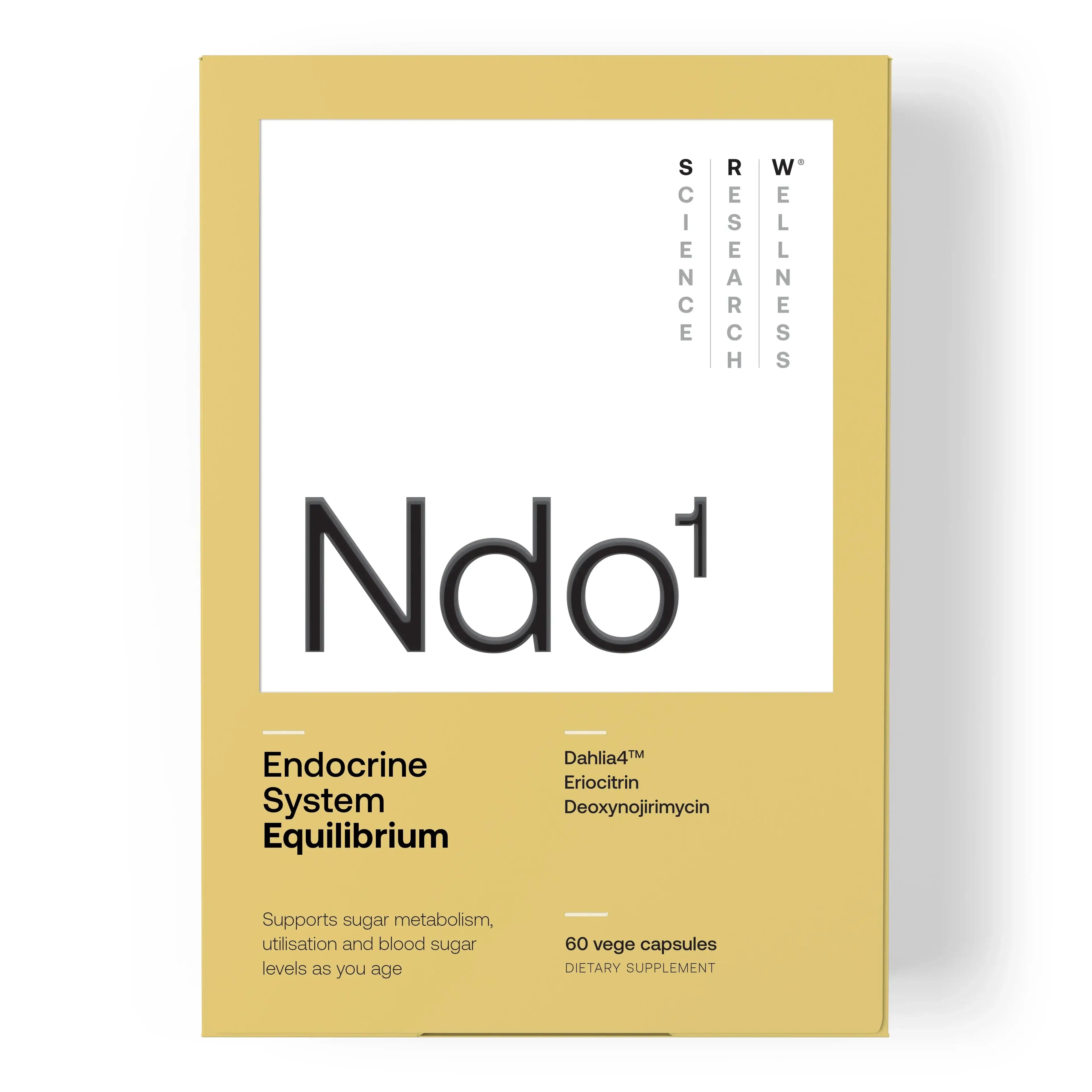 SRW Laboratories Ndo¹ Equilibrium 60 Caps package featuring endocrine system support and metabolic health.