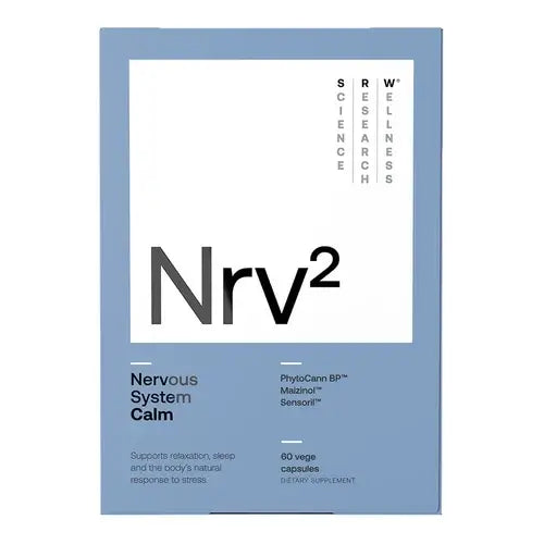 SRW Laboratories Nrv² Calm Stress & Sleep 60 Caps product packaging showcasing its calming benefits.