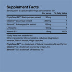 Supplement facts for SRW Laboratories Nrv² Calm Stress & Sleep 60 Caps highlighting key ingredients and daily values.