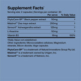 Supplement facts for SRW Laboratories Nrv² Calm Stress & Sleep 60 Caps highlighting key ingredients and daily values.
