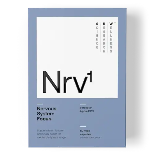 SRW Laboratories Nrv¹ Focus Brain Health 60 Caps packaging supports brain function and mental clarity with Alpha-GPC.